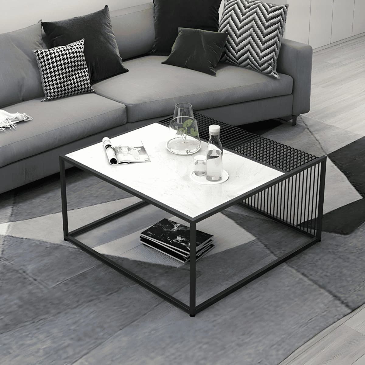 SHP03079 Modern Kare MDF Tablalı Metal Çerçeveli Orta Sehpa