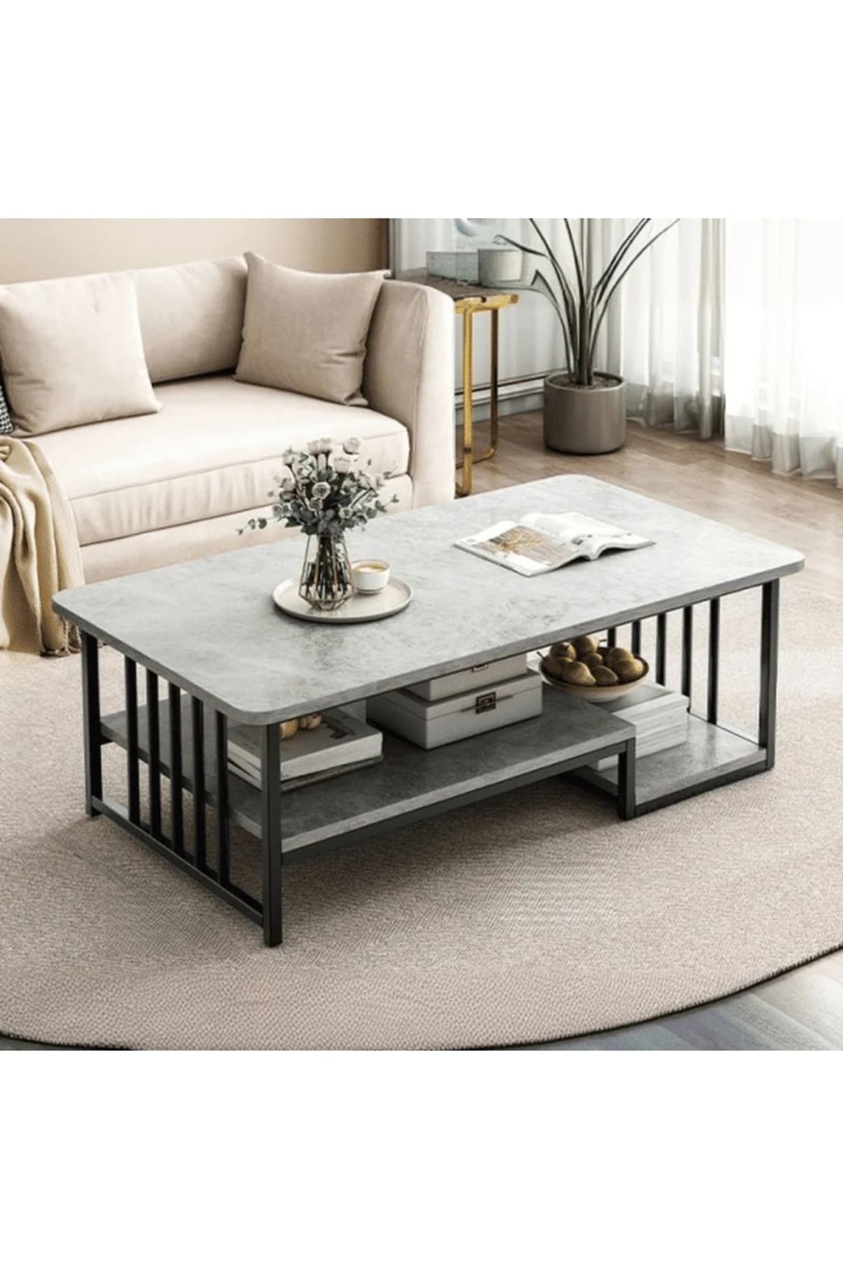 KC-0177 Geometrik MDF Tabla Orta Sehpa, Depolama Alanlı, Beyaz, 100x50x42cm